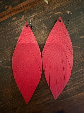 Red Leather Leaf Feather Earrings